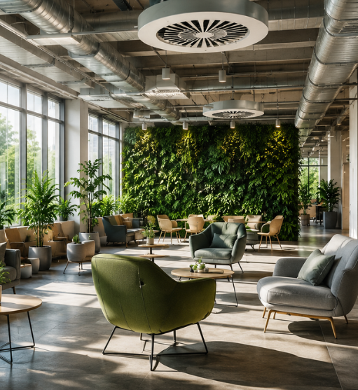 Ambiente corporativo climatizado com difusores circulares e dutos aparentes