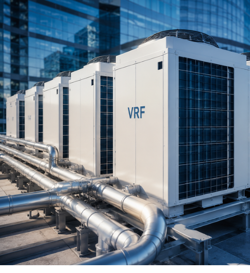 Condensadoras VRF modulares instaladas na cobertura de um edifício comercial